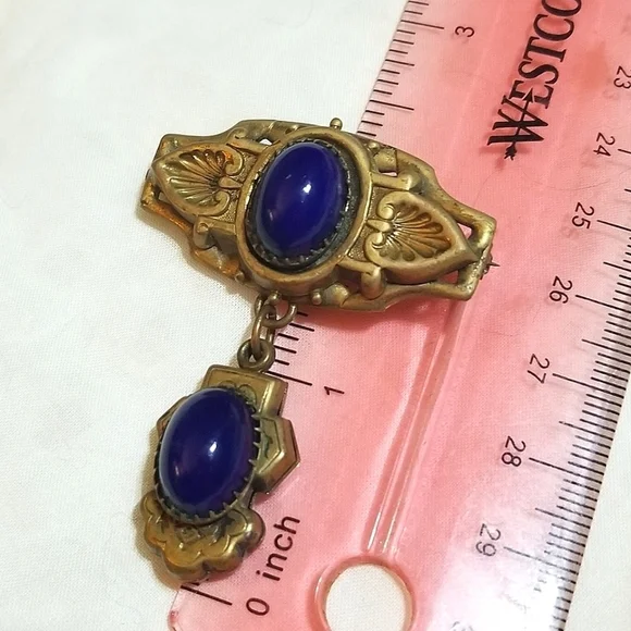 Antique Victorian Reppousse Cobalt Glass Lavaliere Brooch - Picture 2 of 6